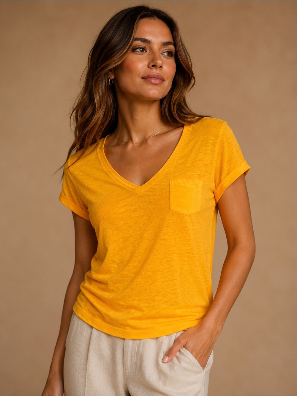 Style & Co. V-Neck Pocket Tee - Mustard Yellow